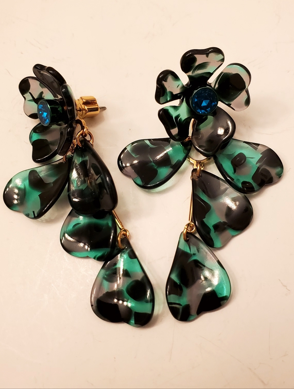 Kate Spade Floral Dangle Earrings in Teal & Black with Blue Crystal Accent, Post
